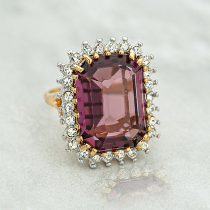Vintage Ring Amethyst and Clear Austrian Crystal Cocktail Ring 18k Gold #R1843 - Never Worn Statement Cocktail Womans Antique Rings