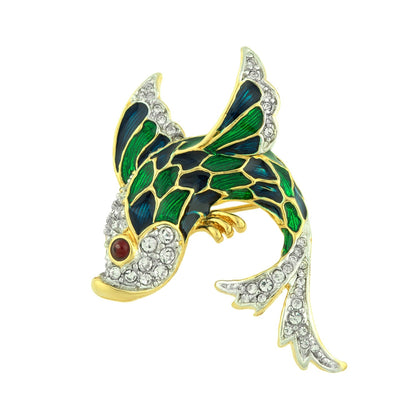 Vintage Fish Pin Hand Painted and Clear Swarovski Crystals Ruby Crystal Eye 18k Gold Electroplated