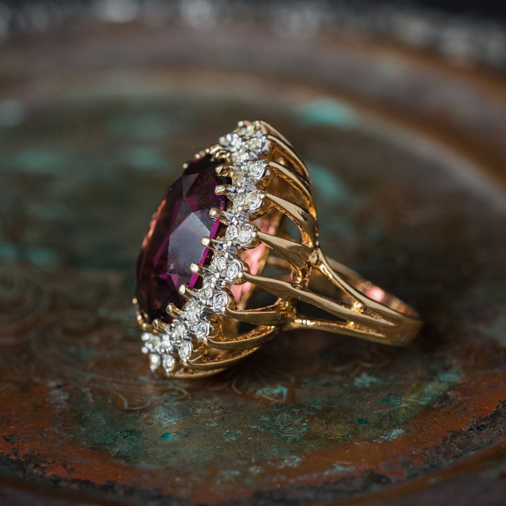 Vintage Amethyst and Clear Austrian Crystal Cocktail Ring 18k Yellow Gold Electroplated Made in USA
