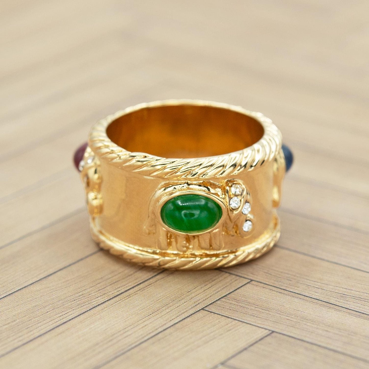 Vintage 1970s 18kt Gold Electroplated Womens Ring Ruby, Sapphire & Emerald Glass Cabochon Handmade Womens Antique Gold Band Birthstone Rings