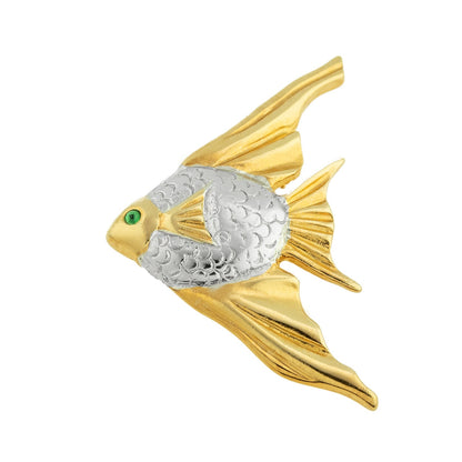 Vintage Fish Pin Emerald Swarovski Crystal Yellow and White 18k Gold Electroplated