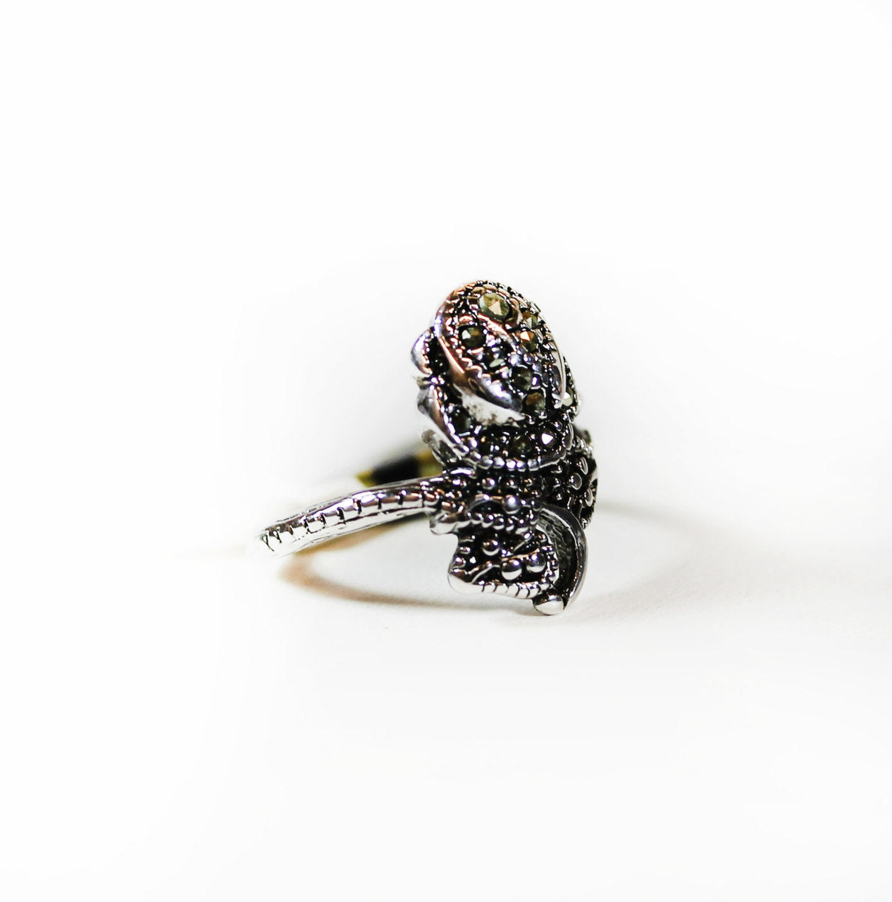 Vintage Genuine Marcasite Pave Rose Ring Antiqued Rhodium Plated Made in USA