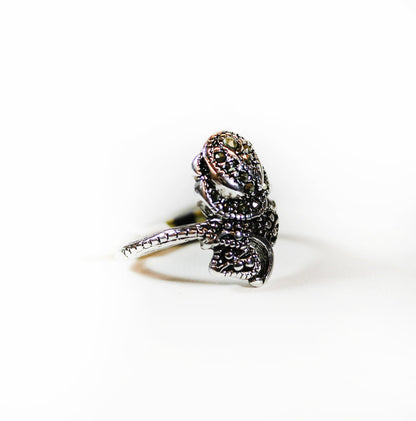 Vintage Genuine Marcasite Pave Rose Ring Antiqued Rhodium Plated Made in USA
