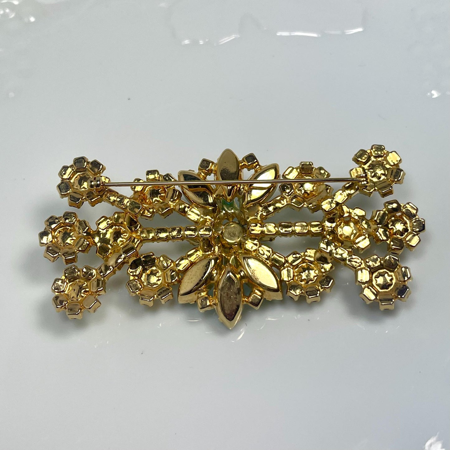 Unique Vintage Bracelet and Pin Brooch Set Pearl Beads and Crystal Stones 1950s Gold Plated Women's Mid Century Jewelry Only ONE