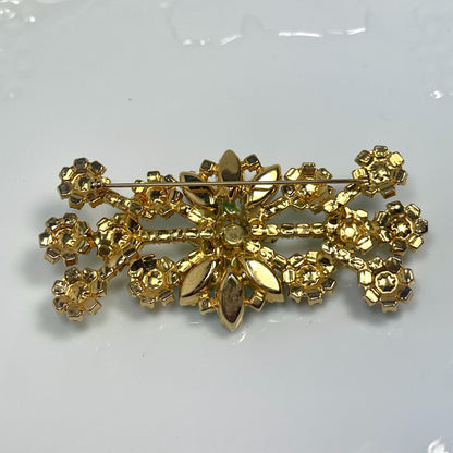 Unique Vintage Bracelet and Pin Brooch Set Pearl Beads and Crystal Stones 1950s Gold Plated Women's Mid Century Jewelry Only ONE