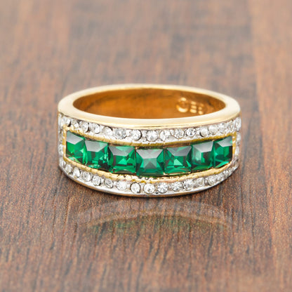 Vintage Ring 1970s Band Ring Emerald and Clear Austrian Crystals 18k Gold May Birthstone #R3037