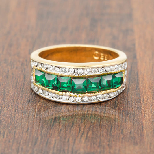Vintage Ring 1970s Womens Rings Vintage Band Ring Emerald and Clear Austrian Crystals 18k Gold Womens Antique Ring May Birthstone