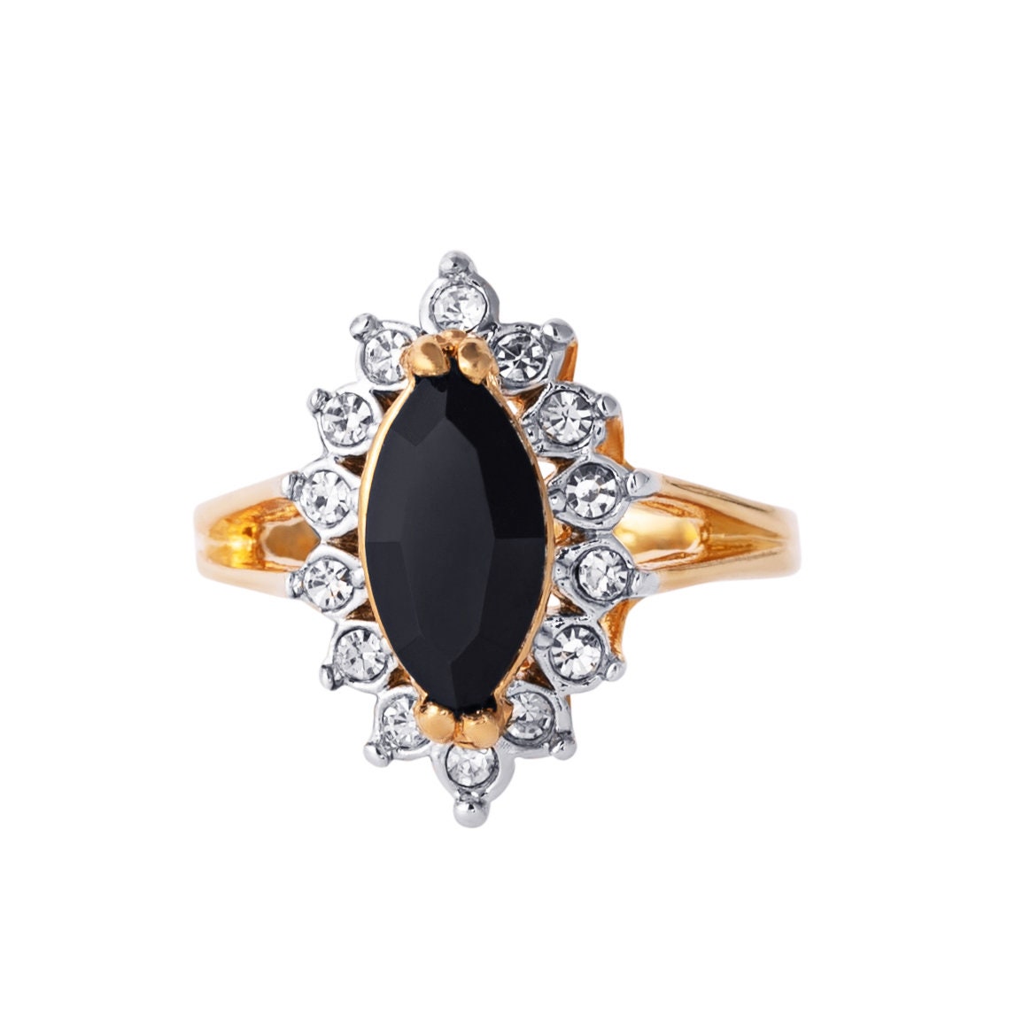 Vintage Black and Clear Austrian Crystals 18k Yellow Gold Plated Ring  R1891