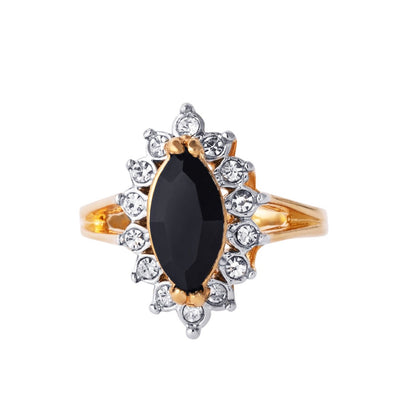 Vintage Black and Clear Austrian Crystals 18k Yellow Gold Plated Ring  R1891
