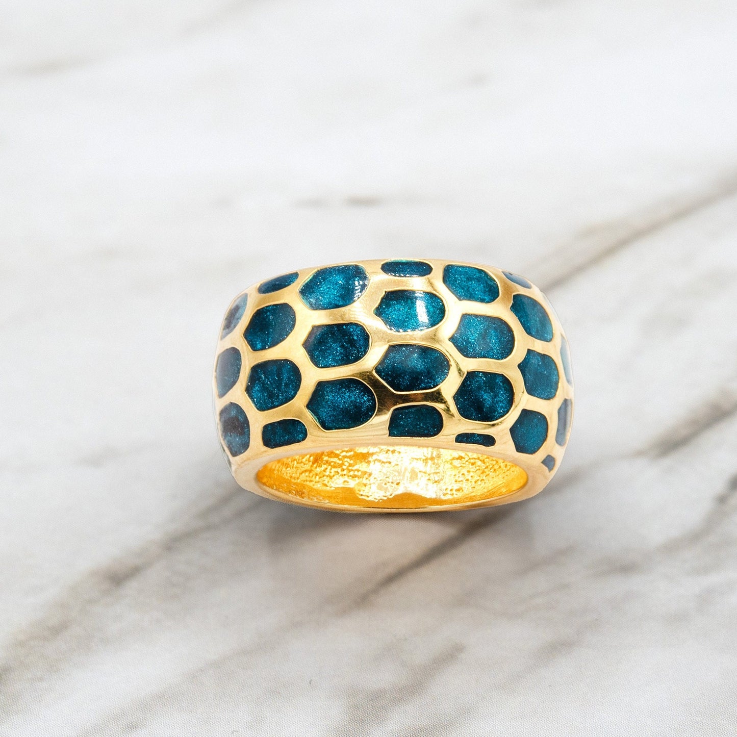 Vintage Ring 1970s Blue Turquoise Enamel 18k Gold Electroplated Ring Mid Century Design Band Ring