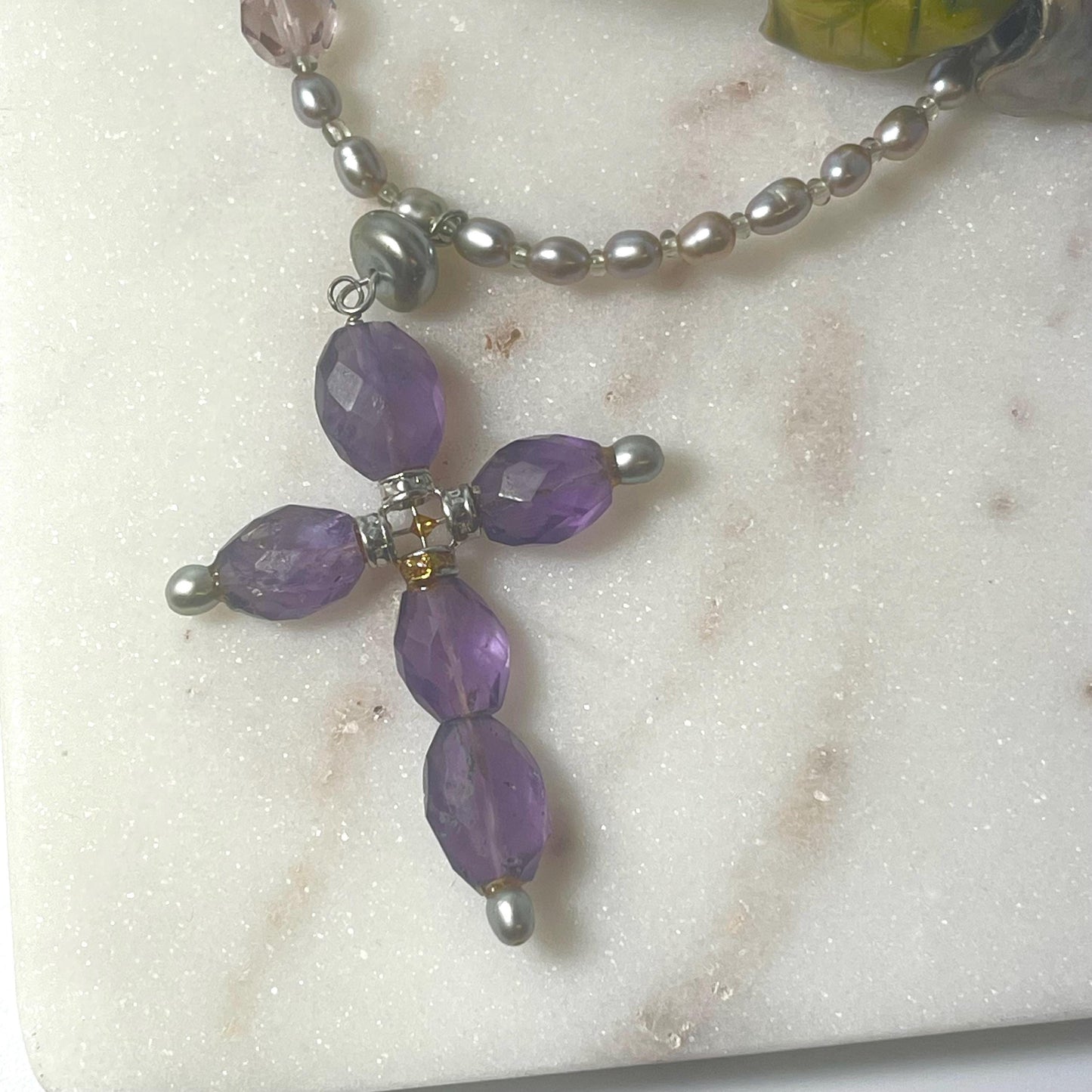 Vintage Oscar De La Renta Genuine Amethyst Cross Pendant 32" Genuine Freshwater Pearl Necklace