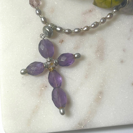 Vintage Oscar De La Renta Genuine Amethyst Cross Pendant 32" Genuine Freshwater Pearl Necklace