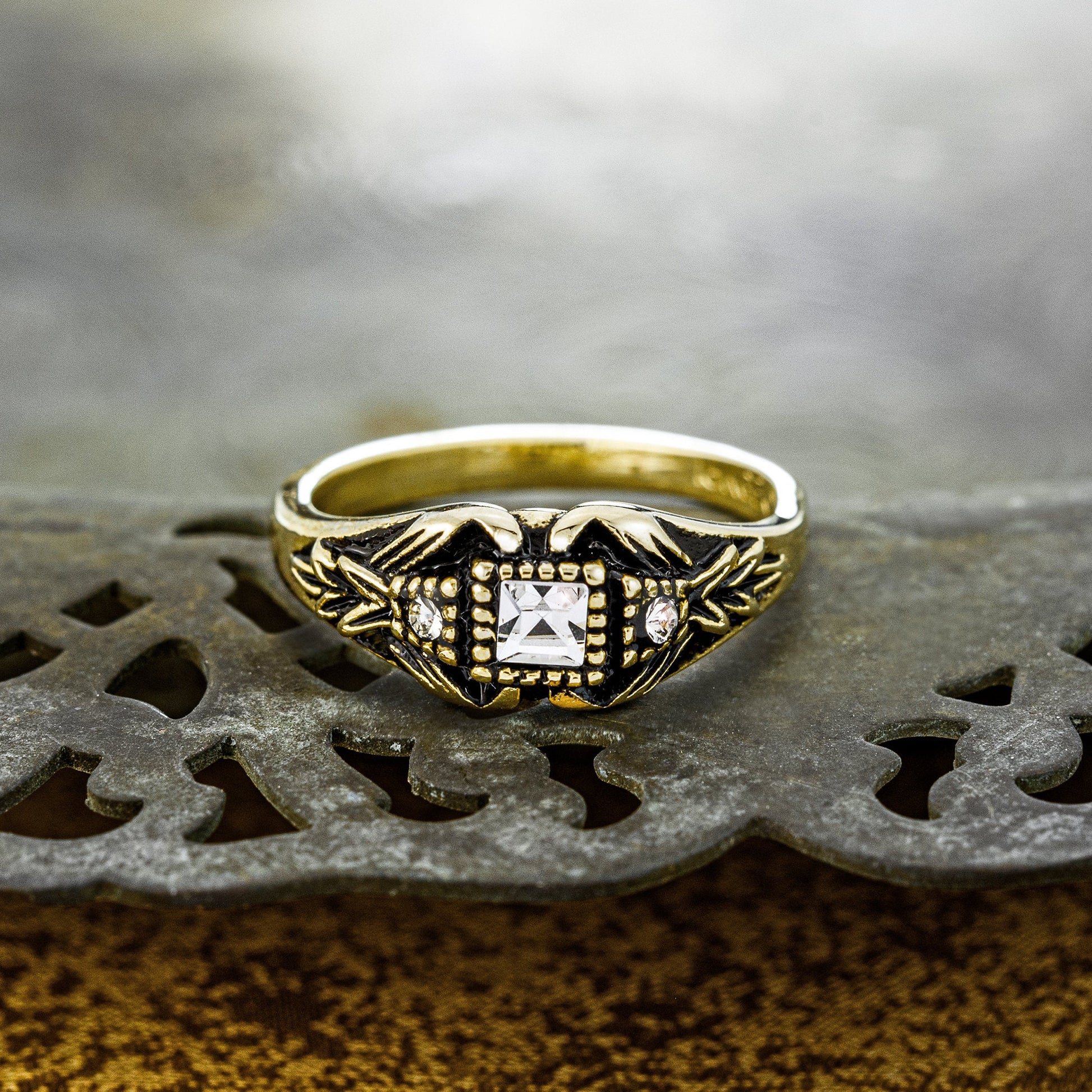 Vintage Ring set with Clear Austrian Crystals Antiqued 18k Yellow Gold Electroplated