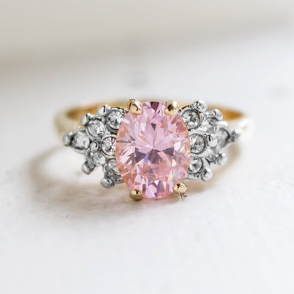 Vintage 1980's Pink Cubic Zirconia Ring with Clear Austrian Crystals 18k Yellow Gold Electroplated