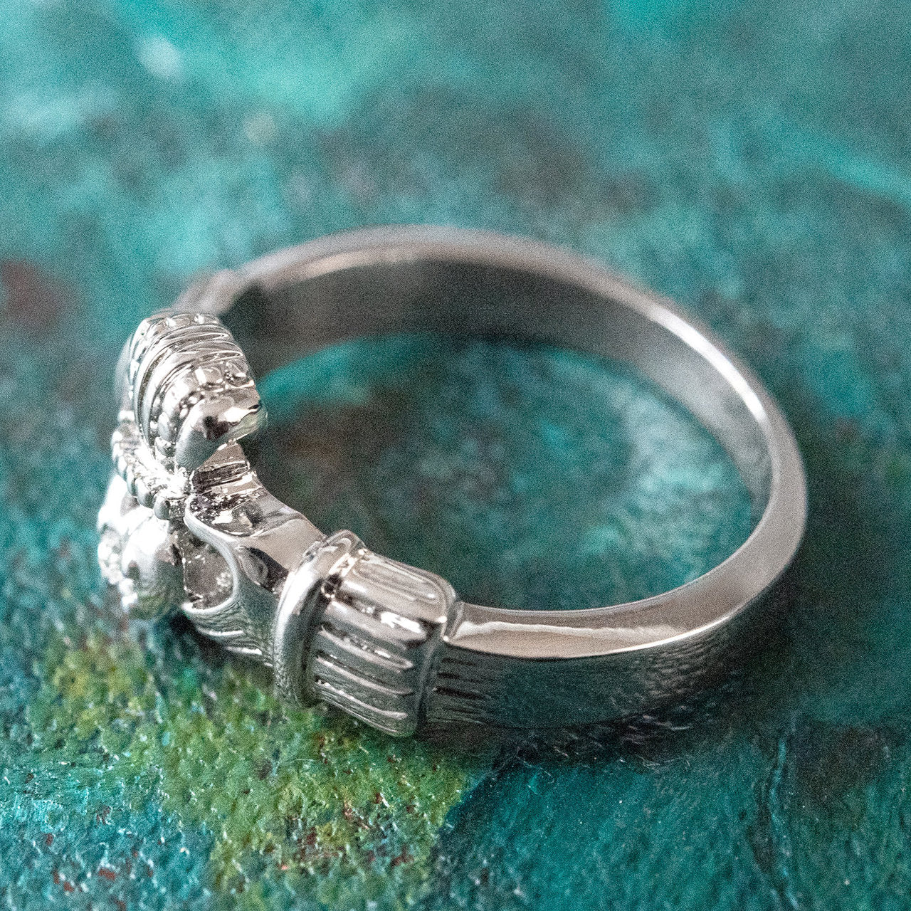 Vintage Jewelry Clear Austrian Crystal Claddagh Ring 18k White Gold Electroplated Made in the USA