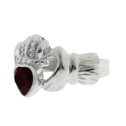 Vintage Jewelry Garnet Austrian Crystal Claddagh Ring 18k White Gold Electroplated Made in the USA