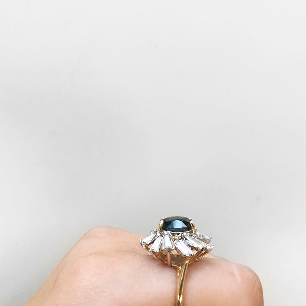 Vintage Sapphire Crystal and Clear Baguette Crystal Cocktail Ring Plated in Yellow Gold Tone