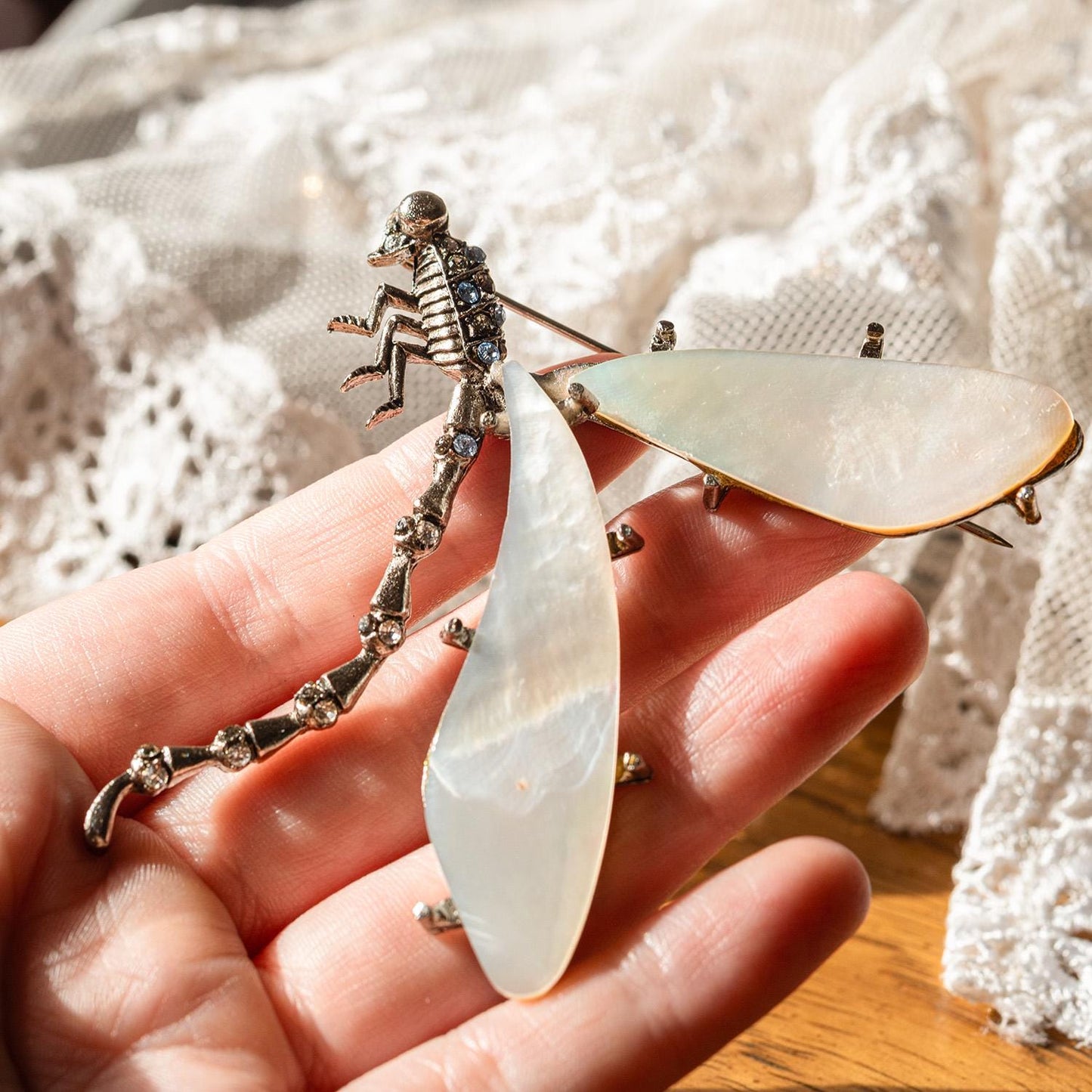 Vintage Oscar de la Renta Mother of Pearl Dragonfly Brooch Antiqued White Gold Pin with Mother of Pearl Wings