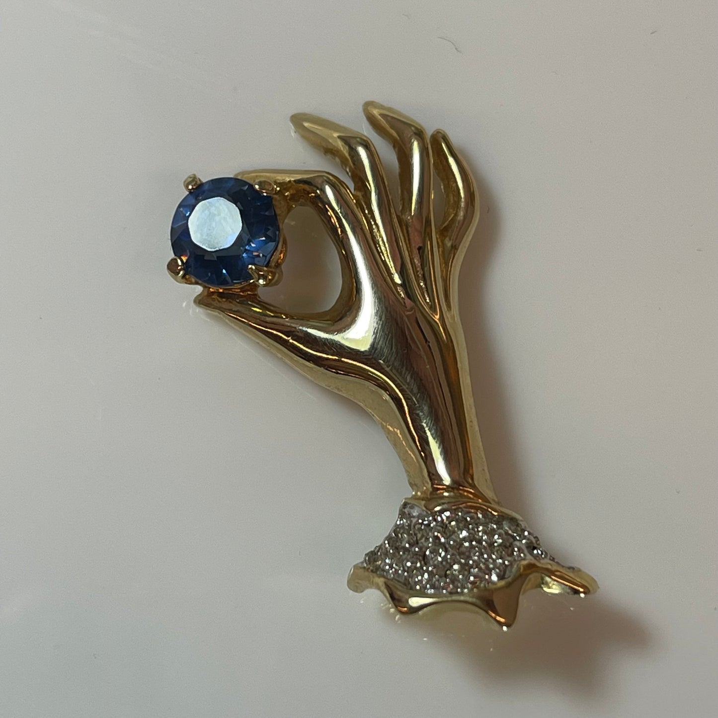 Vintage Brooch Victorian Era Pin Clear Ladies Hand Design Blue Sapphire & Clear Cubic Zirconia Antique Womans Jewelry