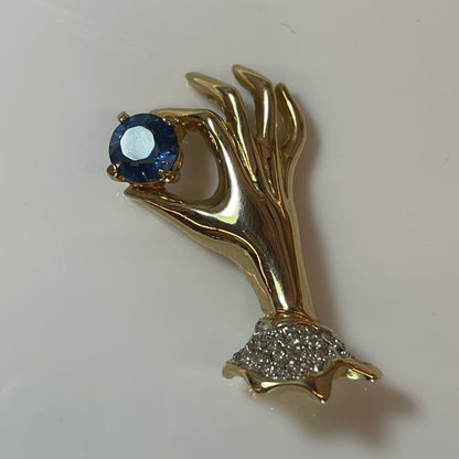 Vintage Brooch Victorian Era Pin Clear Ladies Hand Design Blue Sapphire & Clear Cubic Zirconia Antique Womans Jewelry