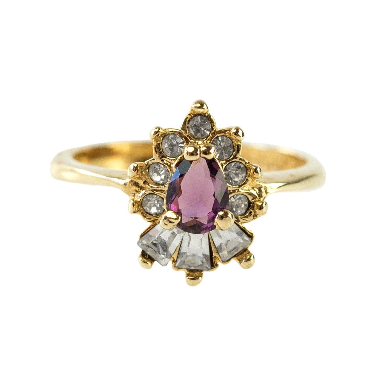 Vintage 1990's Amethyst and Clear Austrian Crystals 18k Yellow Gold Plated Ring Made in USA