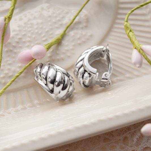 Womens Vintage Oscar de la Renta Clip Earrings Weave Silver Jewelry Hoop Earring Handmade Antique Made in USA Antique Designer Antique