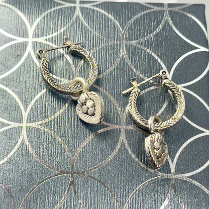 Vintage Oscar De La Renta Antiqued White Gold Tone Textured Hoops with Removable Dangling Heart Charms Earrings