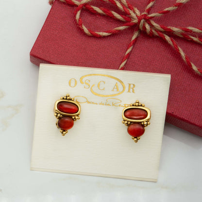 Vintage Earrings Oscar de la Renta Clip Earrings Gold with Carnelian Stones OSE-134-C