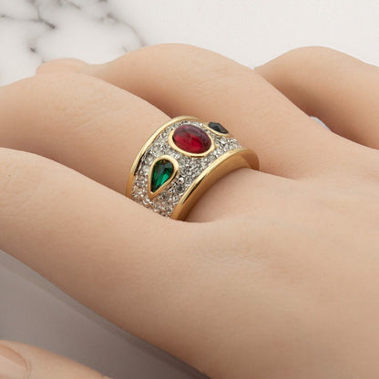 Vintage Ring Multi Colored Austrian Crystals 18k Gold Electroplated 1970s Era