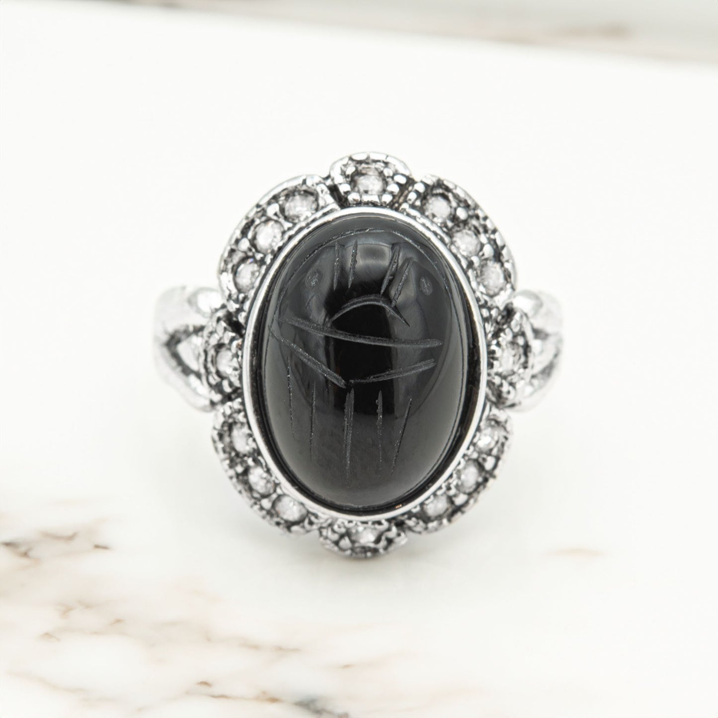 Genuine Black Onyx Scarab or Moonstone Ring Vintage 1970s 18k White Gold Antique Plated Clear Austrian Crystals Woman's Handmade Jewelry #R1730-BSCY