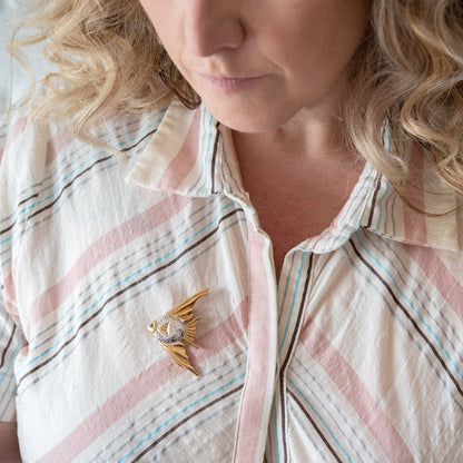 Vintage Fish Pin Emerald Swarovski Crystal Yellow and White 18k Gold Electroplated