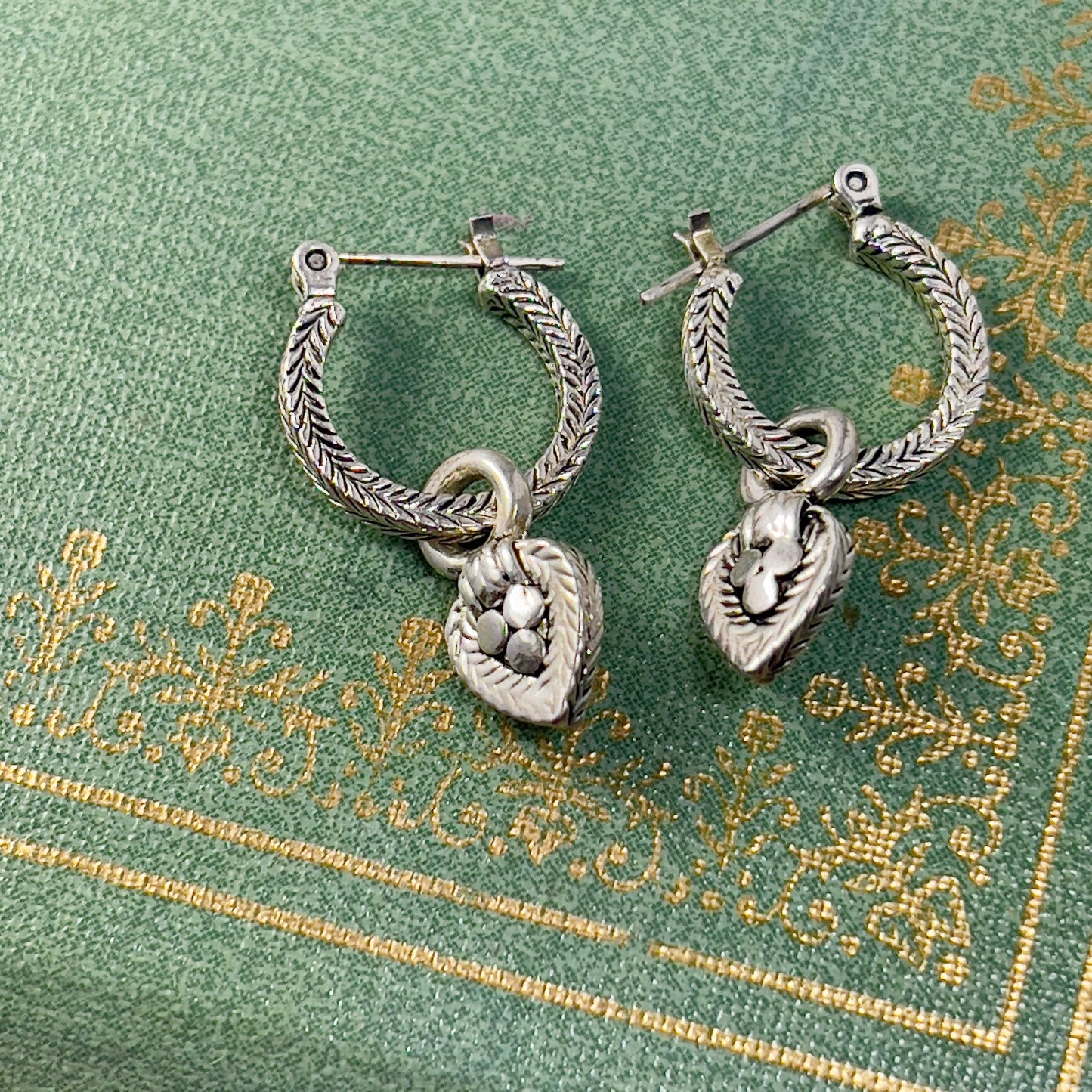 Vintage Oscar De La Renta Antiqued White Gold Tone Textured Hoops with Removable Dangling Heart Charms Earrings