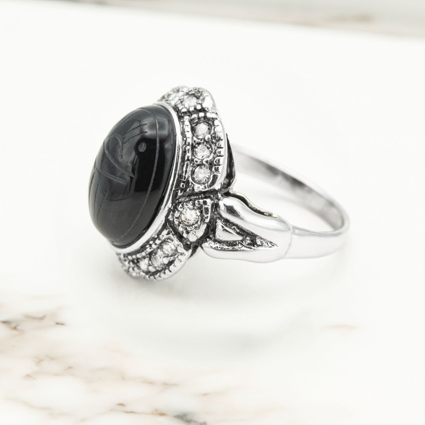 Genuine Black Onyx Scarab or Moonstone Ring Vintage 1970s 18k White Gold Antique Plated Clear Austrian Crystals Woman's Handmade Jewelry #R1730-BSCY
