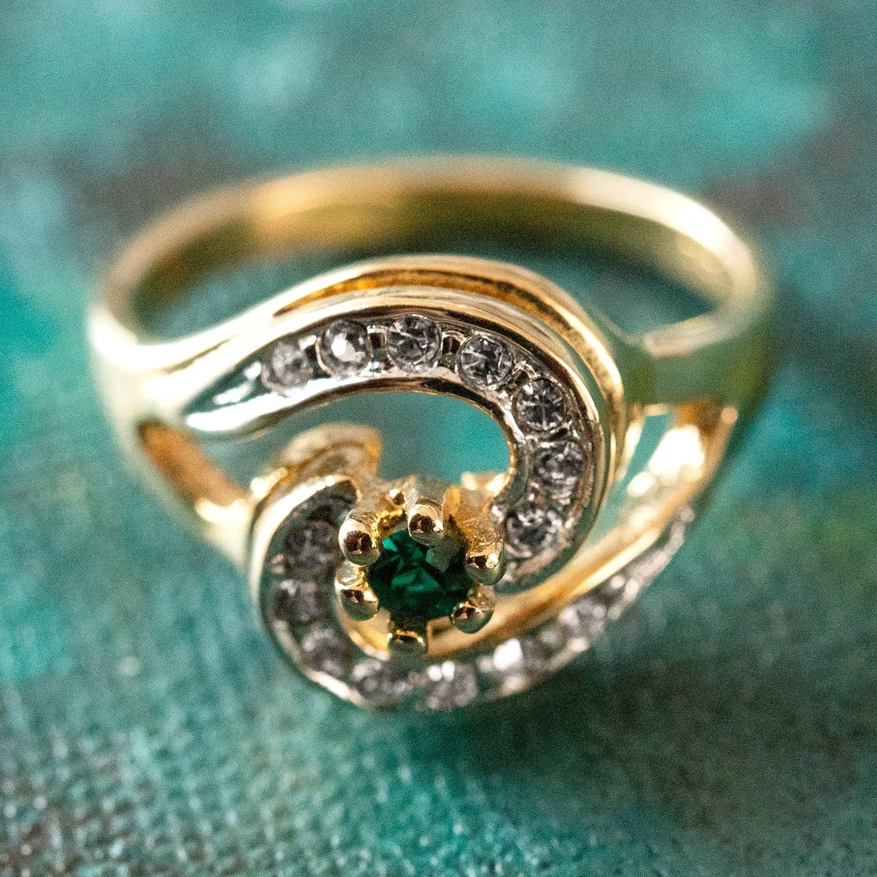 Vintage Emerald Cubic Zirconia 18k Yellow Gold Plated Ring with Clear Austrian Crystals Made in USA