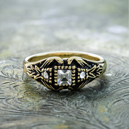 Vintage Ring set with Clear Austrian Crystals Antiqued 18k Yellow Gold Electroplated