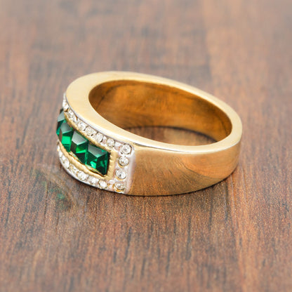 Vintage Ring 1970s Band Ring Emerald and Clear Austrian Crystals 18k Gold May Birthstone #R3037