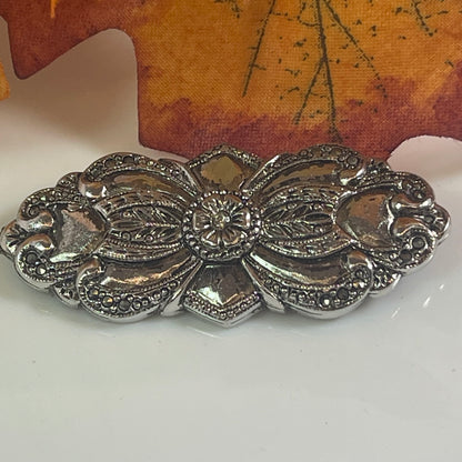 Vintage Brooch Victorian Era Pin Design Diamond Chip Stone with 20 Genuine Marcasite Stones, 18kt White Gold Electroplated Antique Design