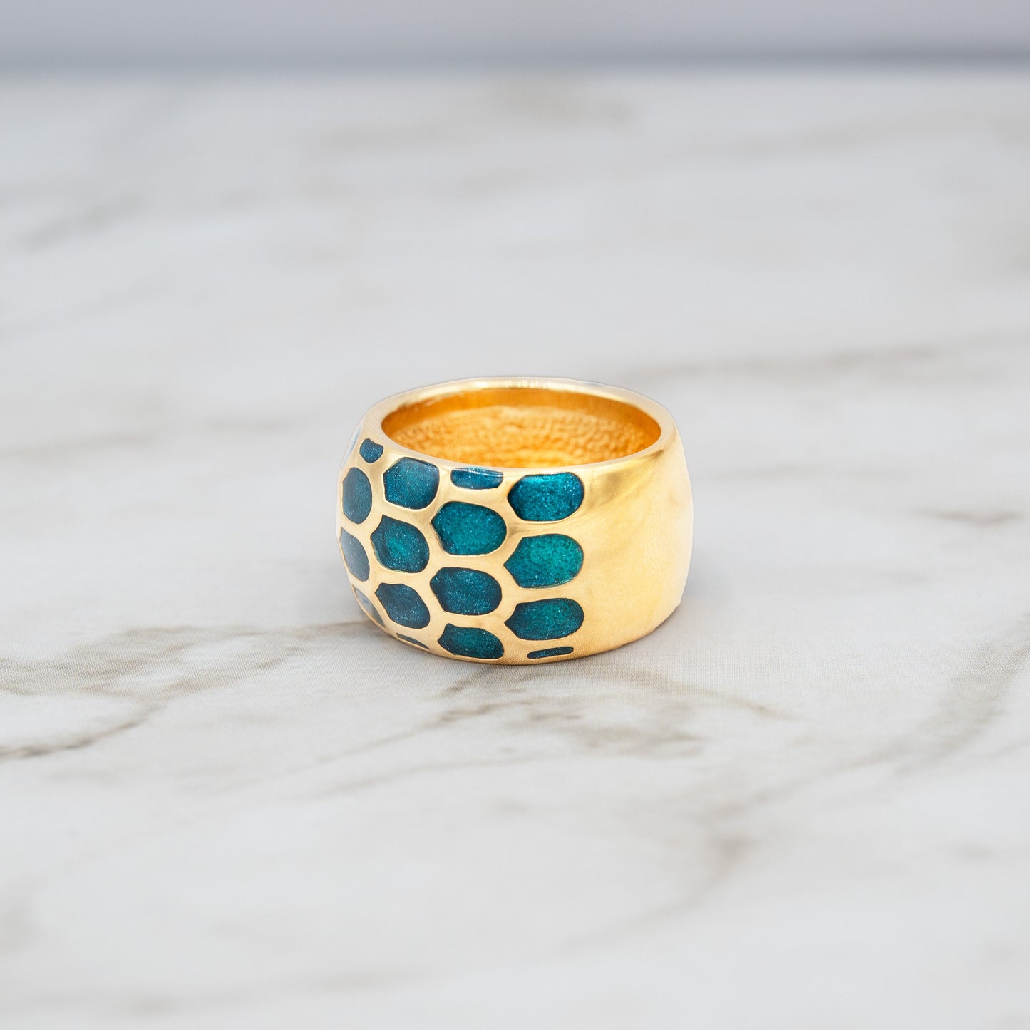 Vintage Ring 1970s Blue Turquoise Enamel 18k Gold Electroplated Ring Mid Century Design Band Ring