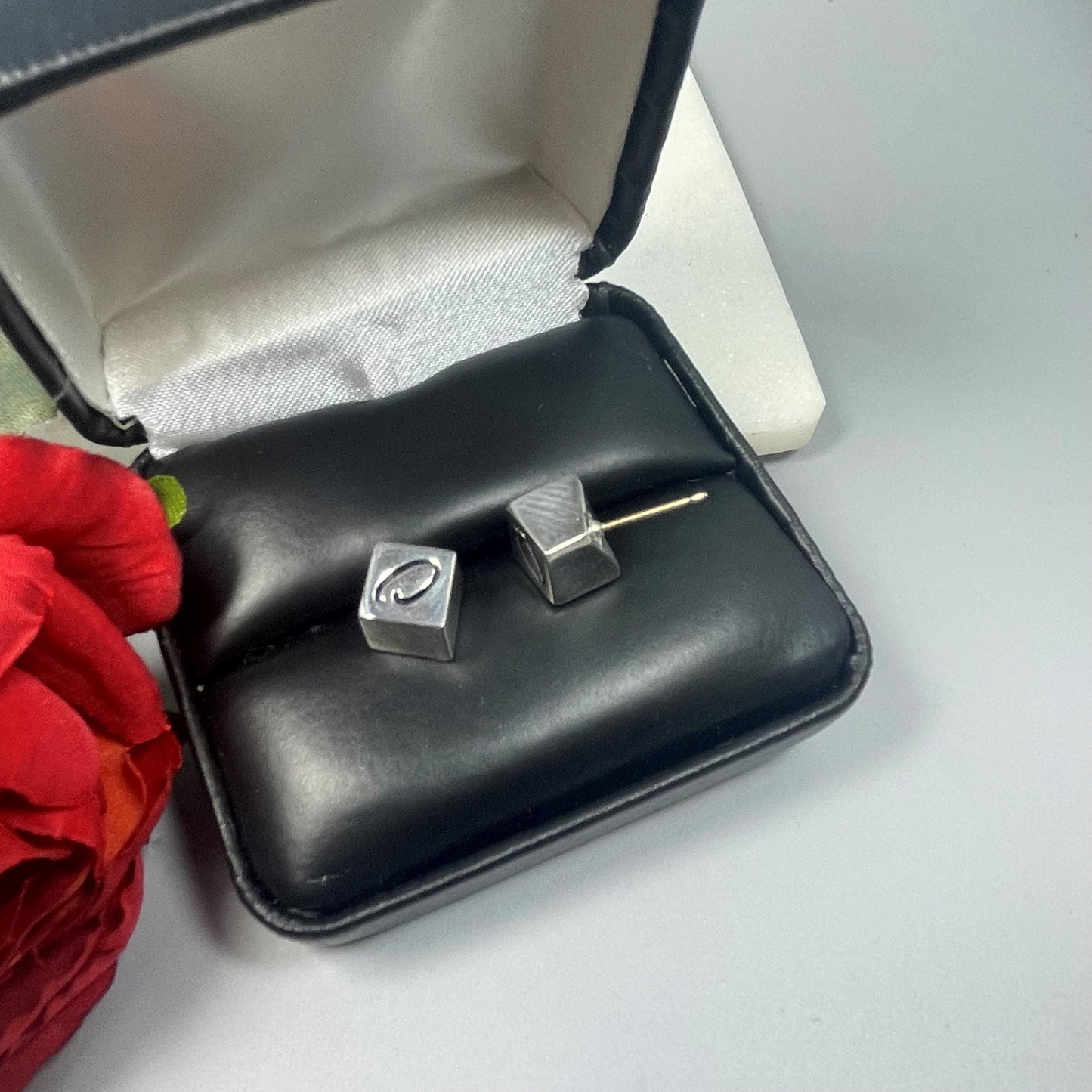 Vintage Oscar De La Renta Box Post with O Logo White Gold Plated Post Earrings Handmade Designer Jewelry