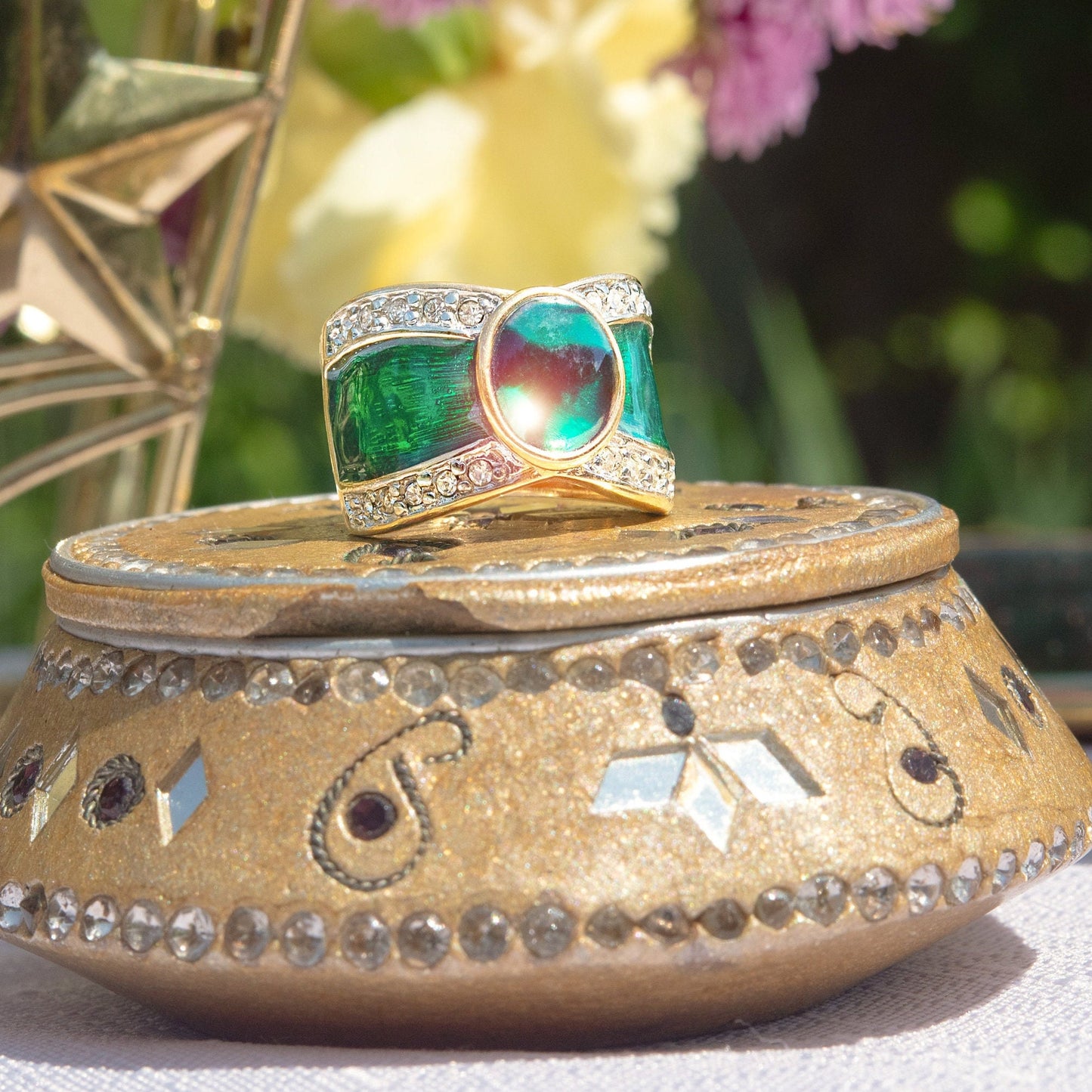 Genuine Green Abalone Stone Ring Vintage 1970s 18k Yellow Gold Plated Clear Austrian Crystals Woman's Handmade / Painted Jewelry Antique