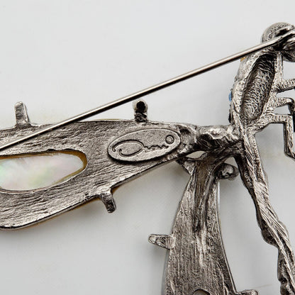Vintage Oscar de la Renta Mother of Pearl Dragonfly Brooch Antiqued White Gold Pin with Mother of Pearl Wings
