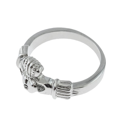 Vintage Jewelry Clear Austrian Crystal Claddagh Ring 18k White Gold Electroplated Made in the USA
