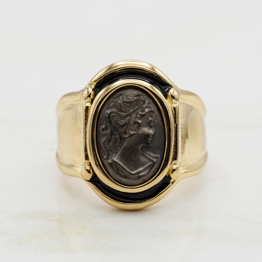 Women's Vintage Cameo Ring 18k Gold Electroplated Hand-Painted Black Oxidized Victorian Lady Face Jewelry Antique Rings Jewelry for Women