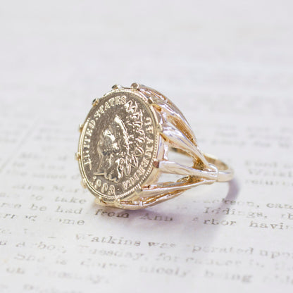 Vintage Indian Head Penny Ring 18k Gold Electroplated Edwardian Style Made in USA