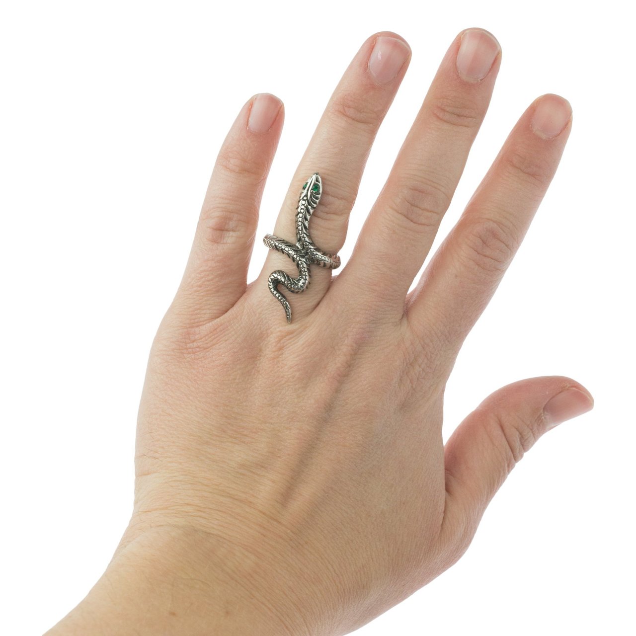 Vintage Snake Ring Emerald Austrian Crystal Eyes Antiqued 18k White Gold Electroplated