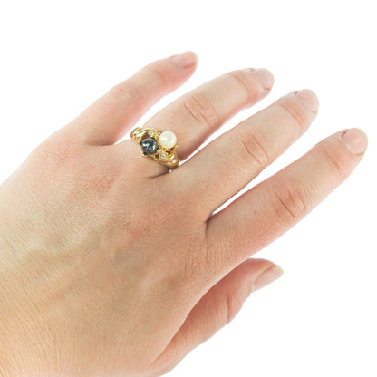 Vintage Black Pearl and Austrian Crystal Ring 18k Yellow Gold Electroplated Made in USA
