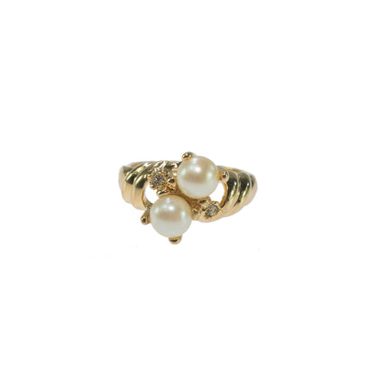 Vintage White Pearl and Austrian Crystal Ring 18k Yellow Gold Electroplated Made in USA
