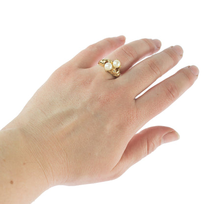 Vintage White Pearl and Austrian Crystal Ring 18k Yellow Gold Electroplated Made in USA