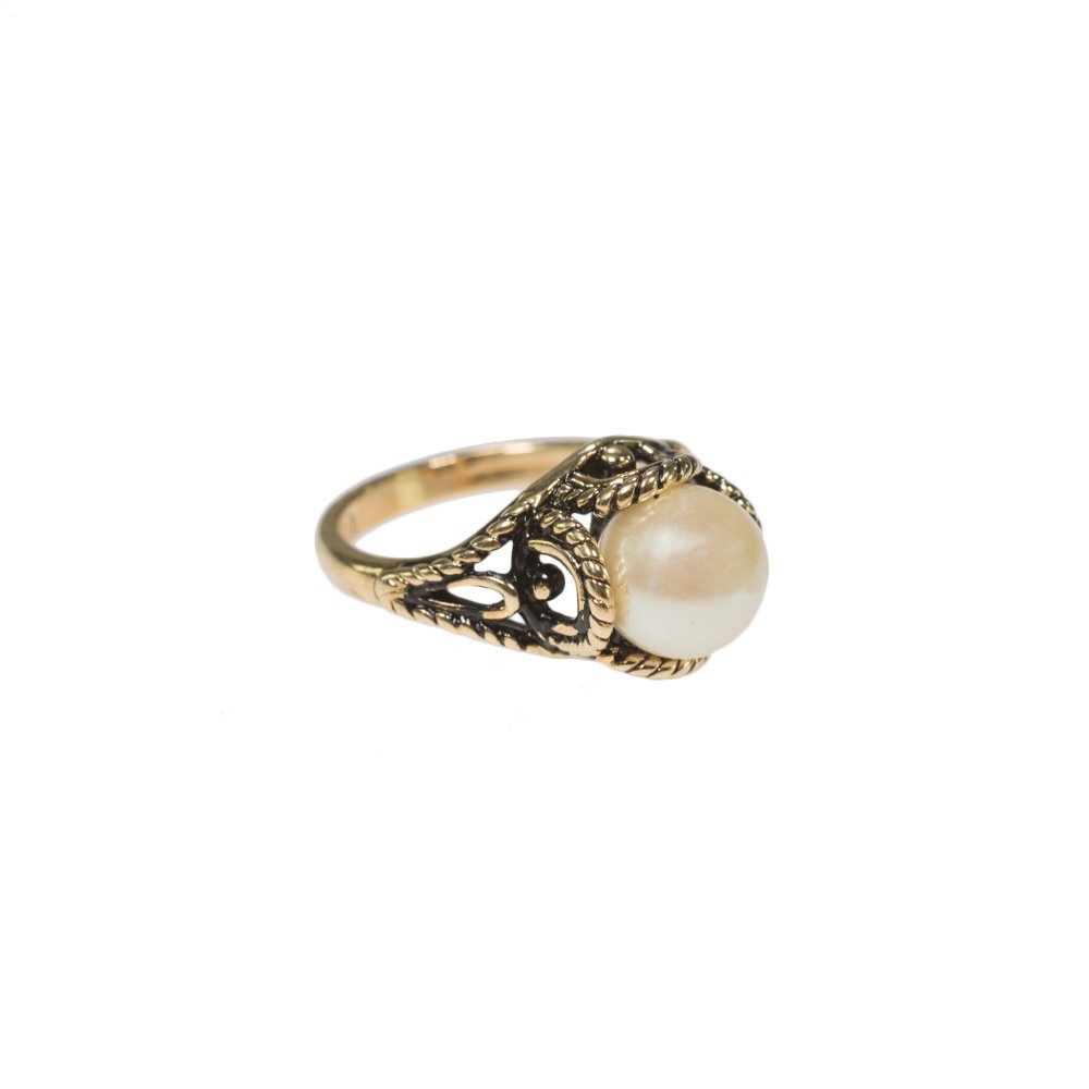 Vintage 1970's Pearl Bead Ring Antiqued 18k Gold Electroplated Made in USA