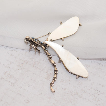 Vintage Oscar de la Renta Mother of Pearl Dragonfly Brooch Antiqued White Gold Pin with Mother of Pearl Wings